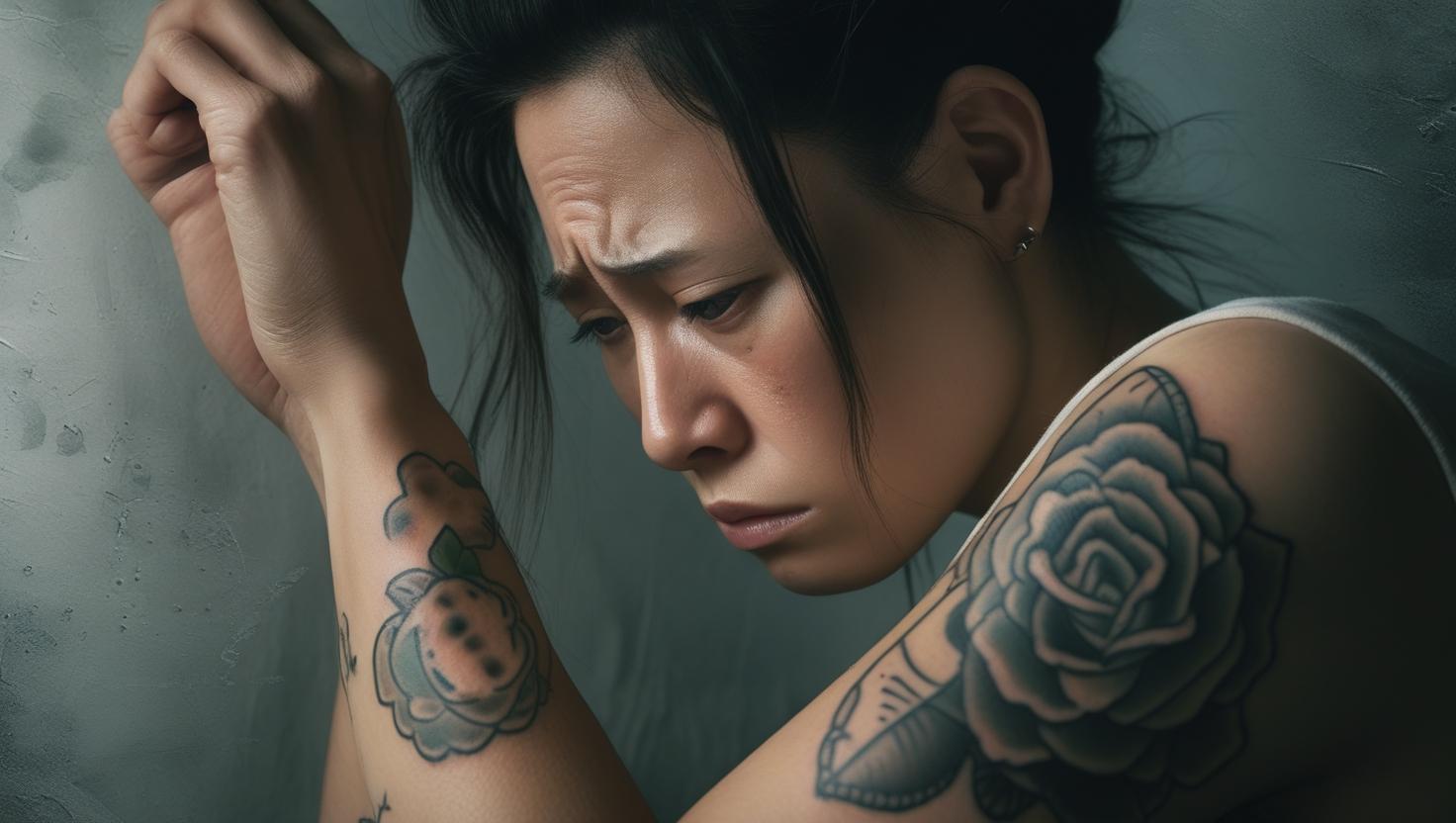 person with a sad face because of their ugly tattoo